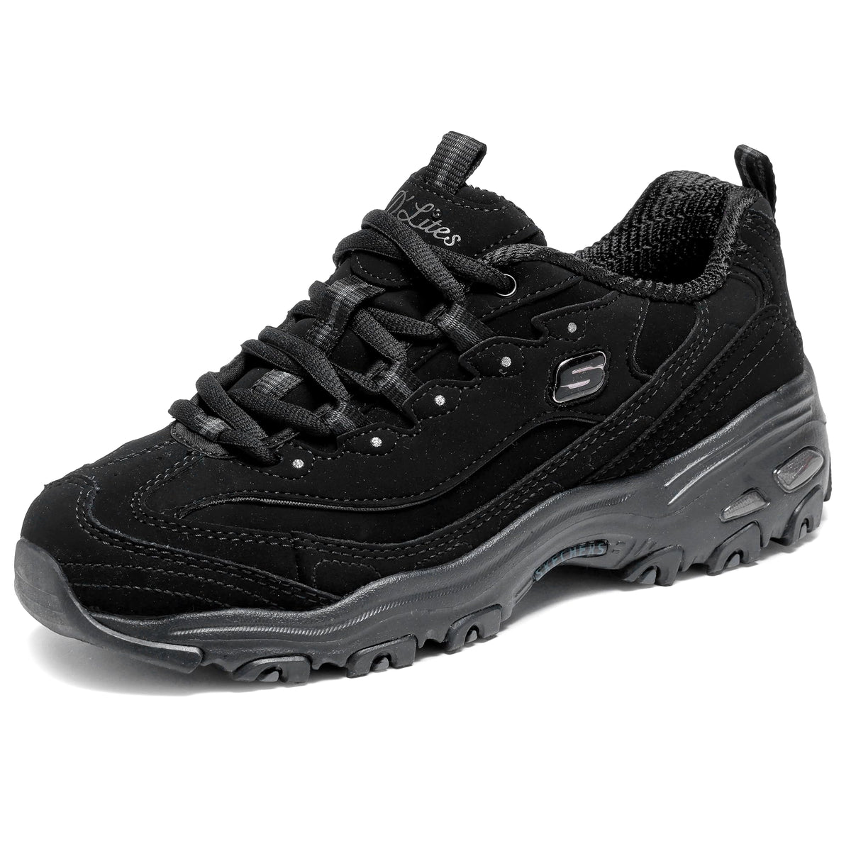 Skechers Women's D'Lites-Play On Memory Foam Lace-up Sneaker, Black/Black, 9 Wide