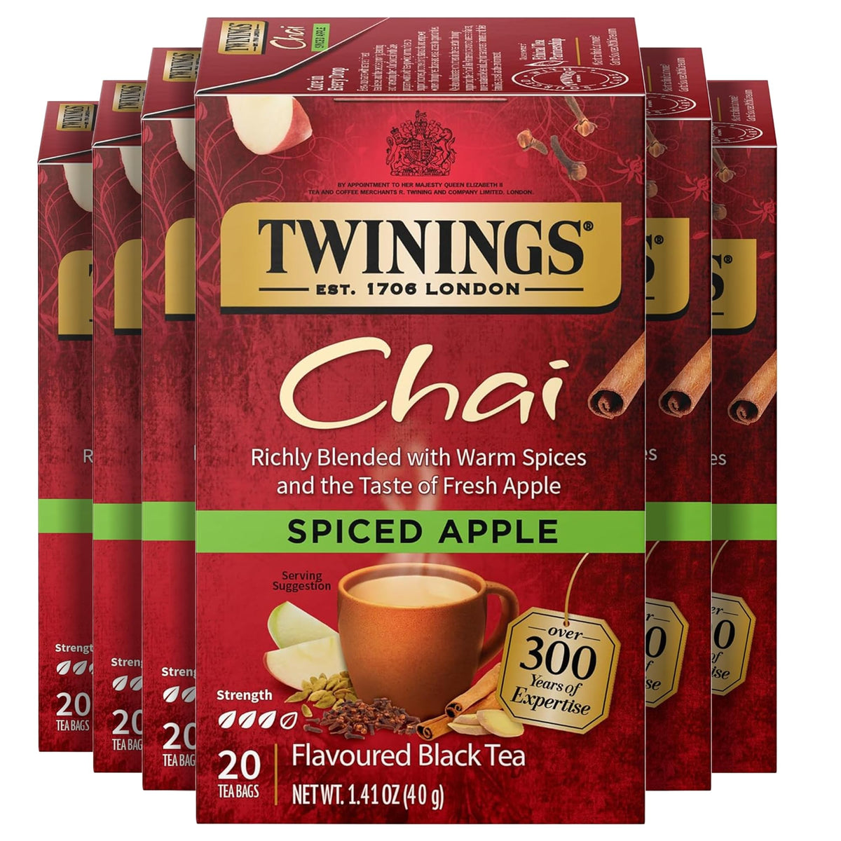 Twinings Spiced Apple Chai Black Tea Individually Wrapped Bags, 20 Count (Pack of 6), Sweet, Savoury Spices, Caffeinated, Enjoy Hot or Iced, 120 Teabags