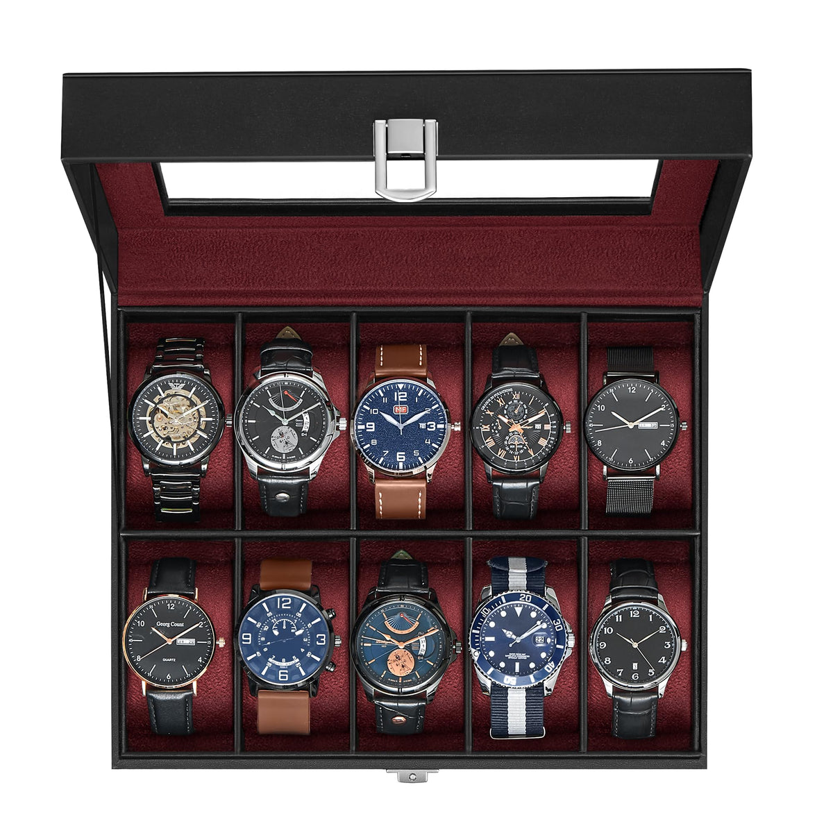 SONGMICS Watch Box, 10-Slot Watch Case Organizer with Large Glass Lid, Removable Pillows, Gift for Loved Ones, Black Synthetic Leather, Wine Red Lining UJWB010R01