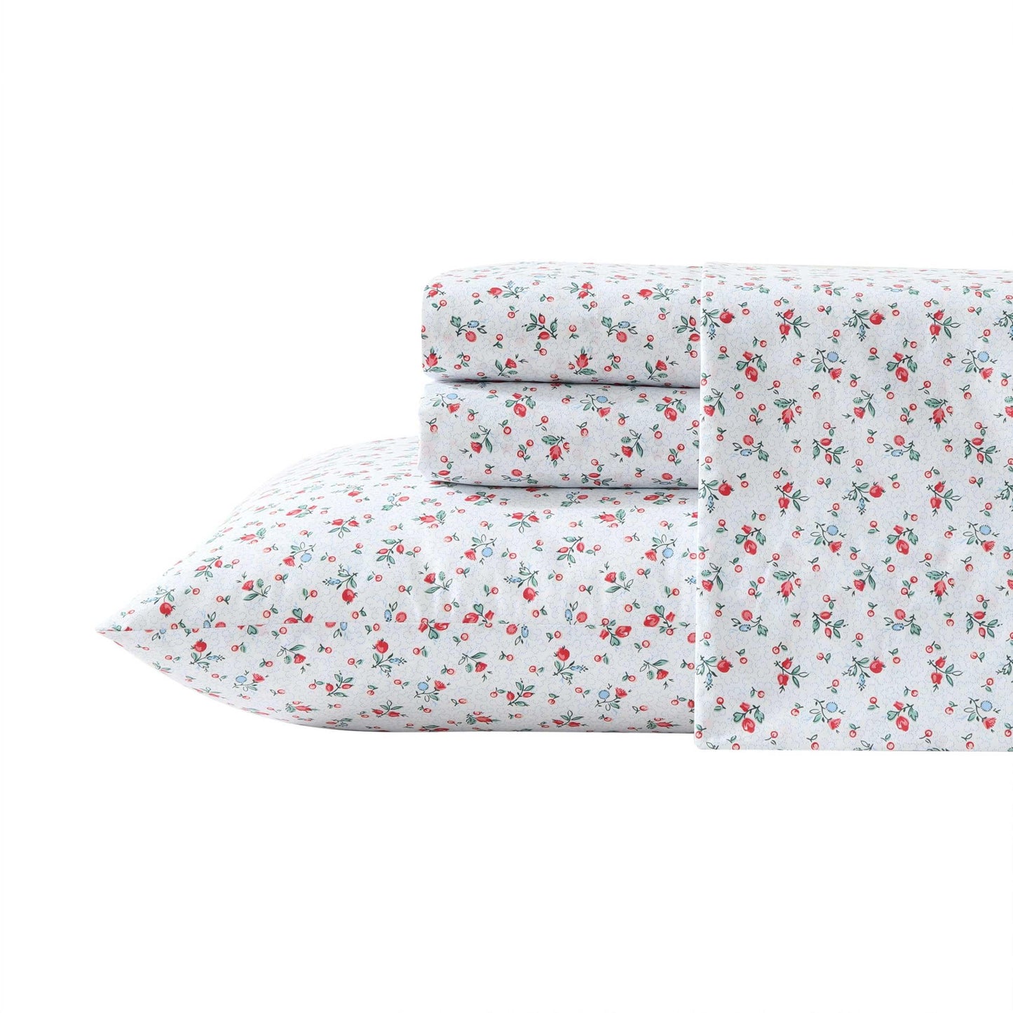 Laura Ashley – Queen Size Sheet Set, Crisp & Lightweight Cotton Percale Bedding with Fitted Sheet and Pillowcases, Floral Room Decor, Deep Pocket, College Dorm Room Essentials (Aylesmore Ditsy Red)