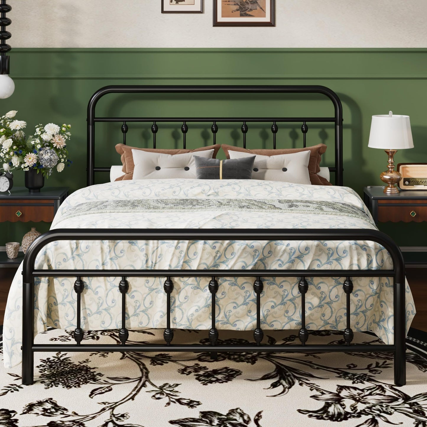 SHA CERLIN Full Metal Bed Frame with Victorian Iron-Art Headboard, Black