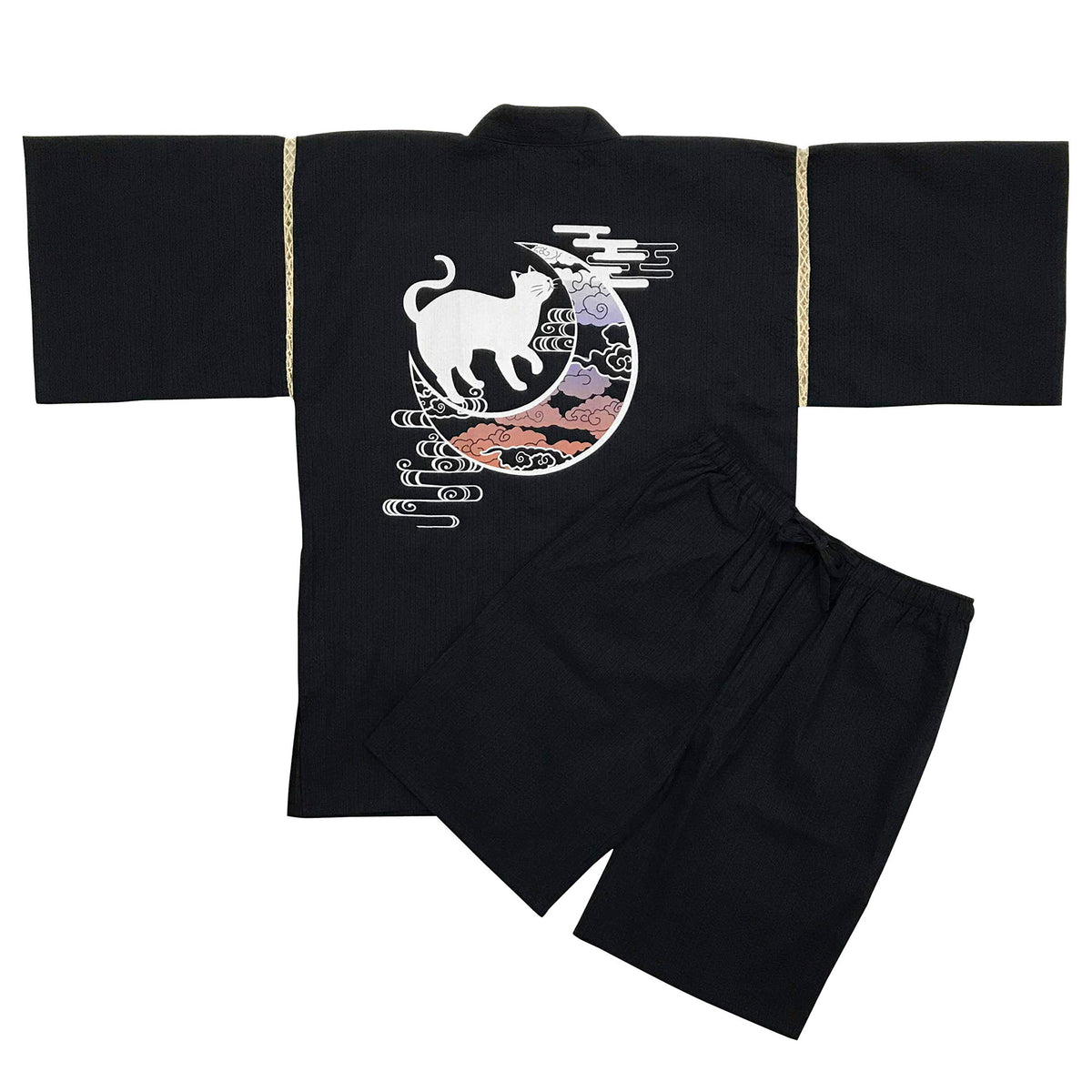 Edoten Japan 100% Cotton Jimbei Original Printing Cat and Moon cloud Navy XL