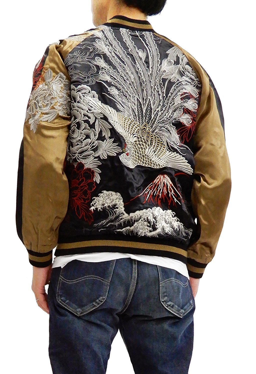 SCRIPT Japanese Souvenir Jacket Men's Hanatabi Gakudan Phoenix Sukajan SSJ-004 Black/Brown Japan M (US XS-S/UK 34-36)