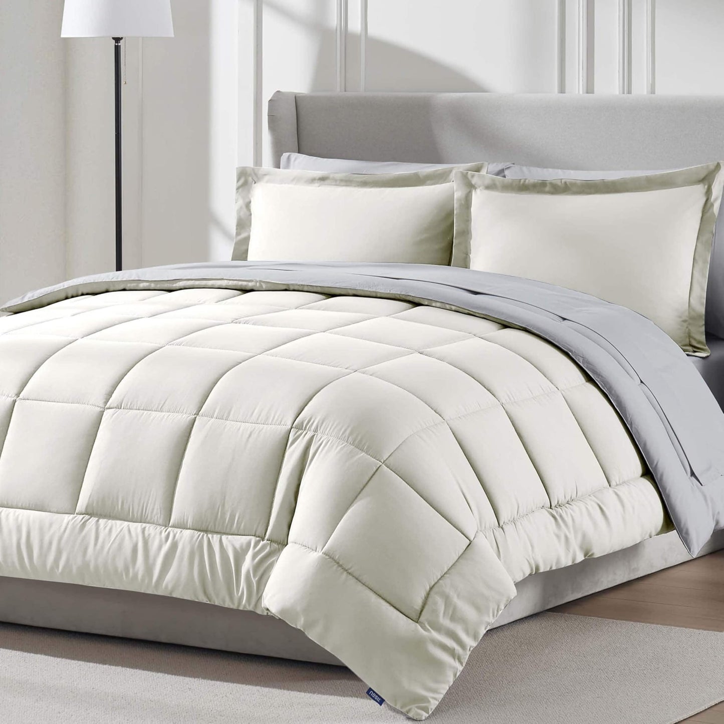 Nestl 9 Piece Queen Comforter Set – Off White Reversible Bed in a Bag – Complete Queen Size Bedding Set with Sheets, Set of 2 Down Alternative Pillows, Pillowcases and Shams