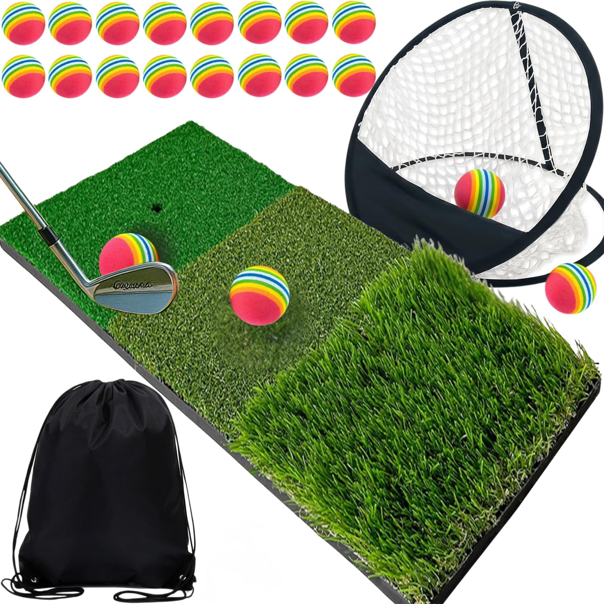 Gavit Golf Practice Mat 3-Way Approach Practice Equipment Golf Net Indoor Training 20 EVA Balls with Storage Bag