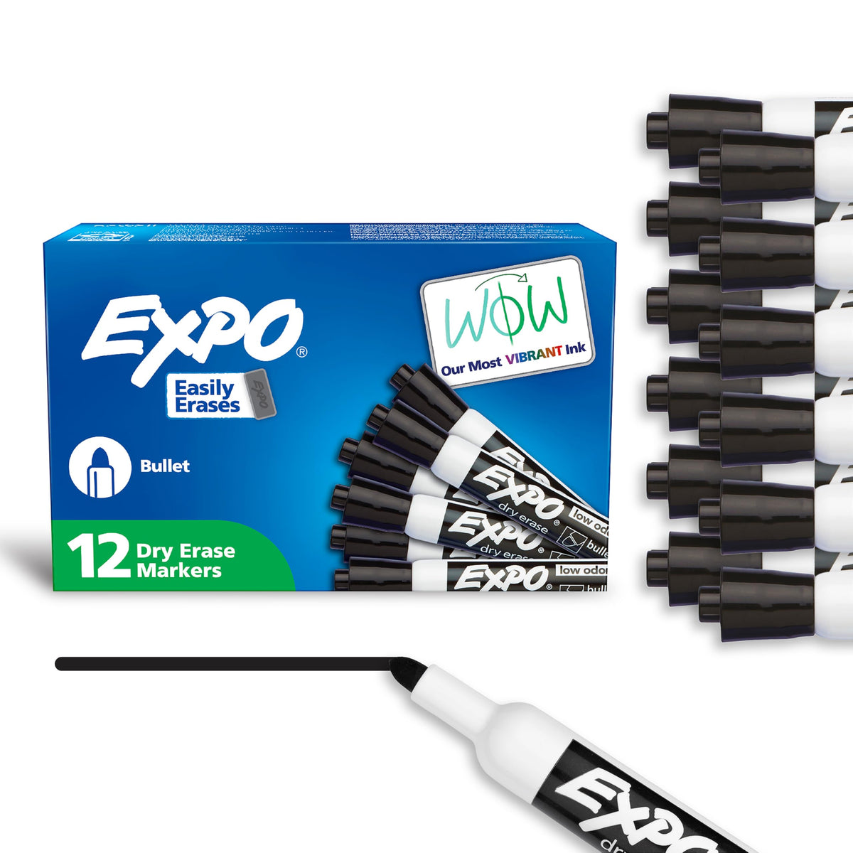 EXPO Dry Erase Markers, Low Odor Ink, Black, Bullet Tip, 12 Count - Whiteboard, Calendar, Organization, Essential Supplies for Office, School, Classroom, Teachers