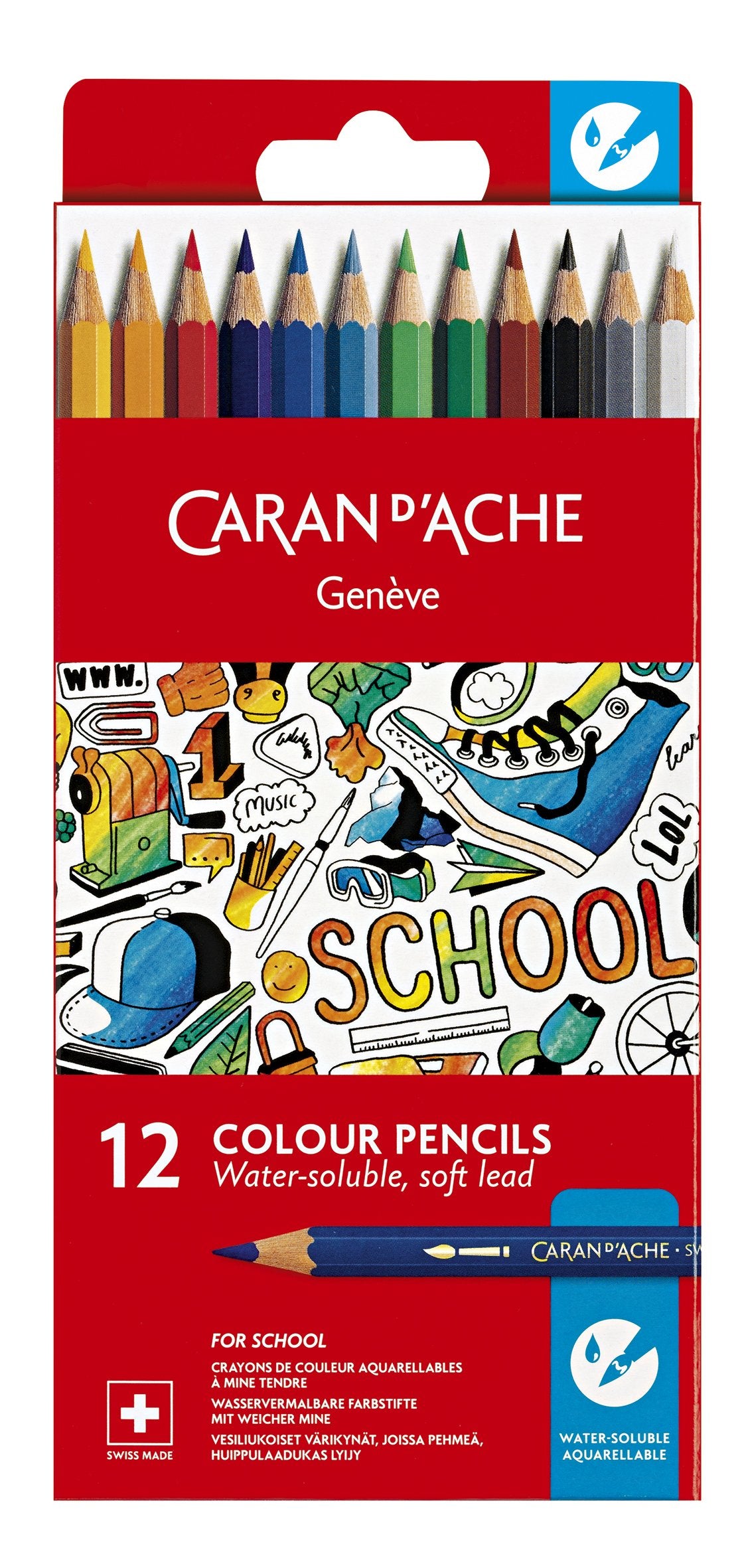 Caran d'Ache School Line Water-soluble Color Pencils, 12 Colors