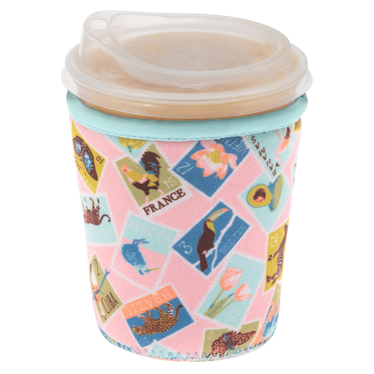 Karma, Reusable Iced Coffee Insulator, Iced Coffee & Cold Soda Insulated Neoprene Cold Cup Beverage Sleeve 16-20OZ, Small, Stamps