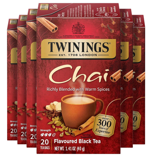 Twinings Chai Black Tea Individually Wrapped Bags, 20 Count (Pack of 6), Sweet, Savoury Spices, Caffeinated, Enjoy Hot or Iced, 120 Teabags