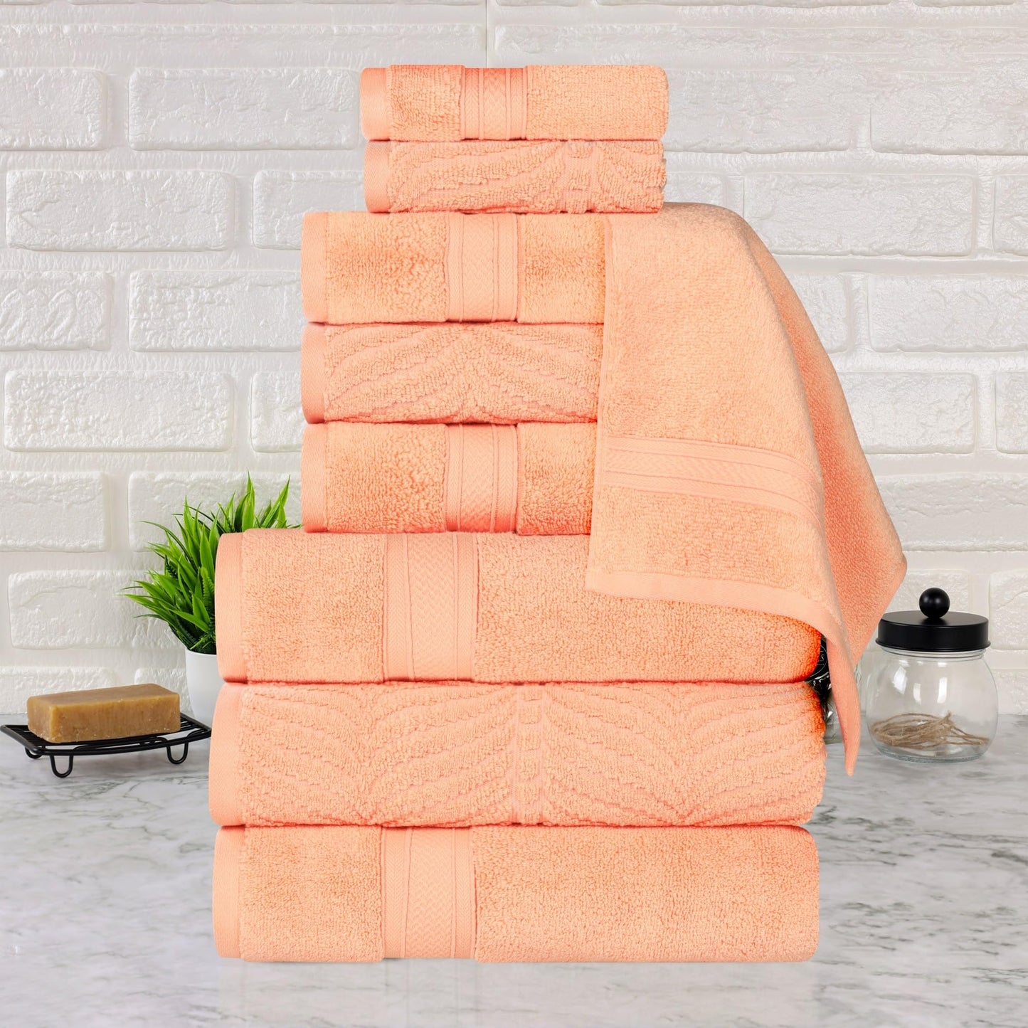 SUPERIOR Cotton Chevron 9-Piece Towel Set, Zero Twist, Quick Dry, Home Essentials, Shower, Spa, Luxury Plush Soft Absorbent Towels, Includes 3 Bath, 3 Hand, 3 Washcloth/Face Towels, Peach