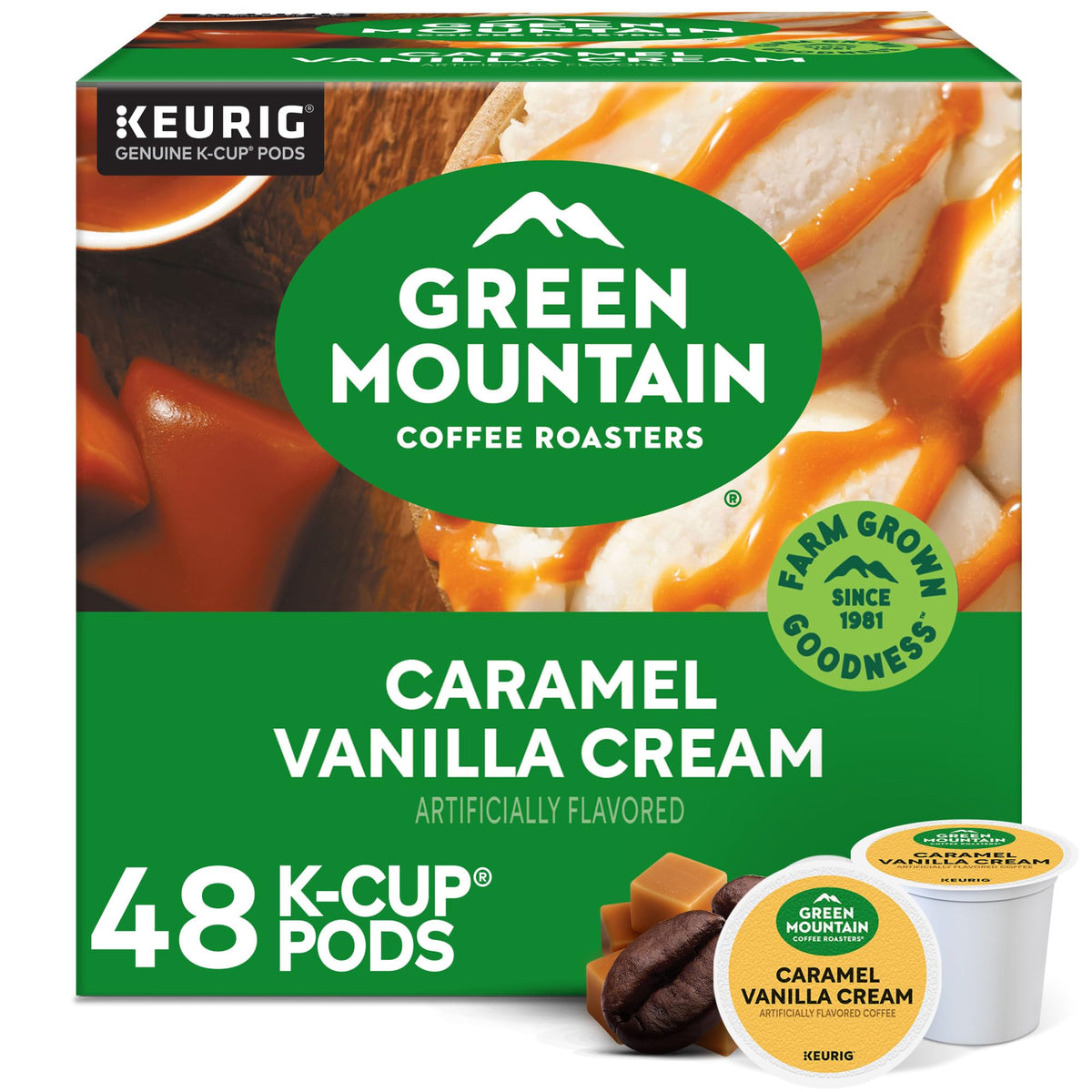 Green Mountain Coffee Roasters Caramel Vanilla Cream, Single-Serve Keurig K-Cup Pods, Flavored Light Roast Coffee Pods, 48 Count