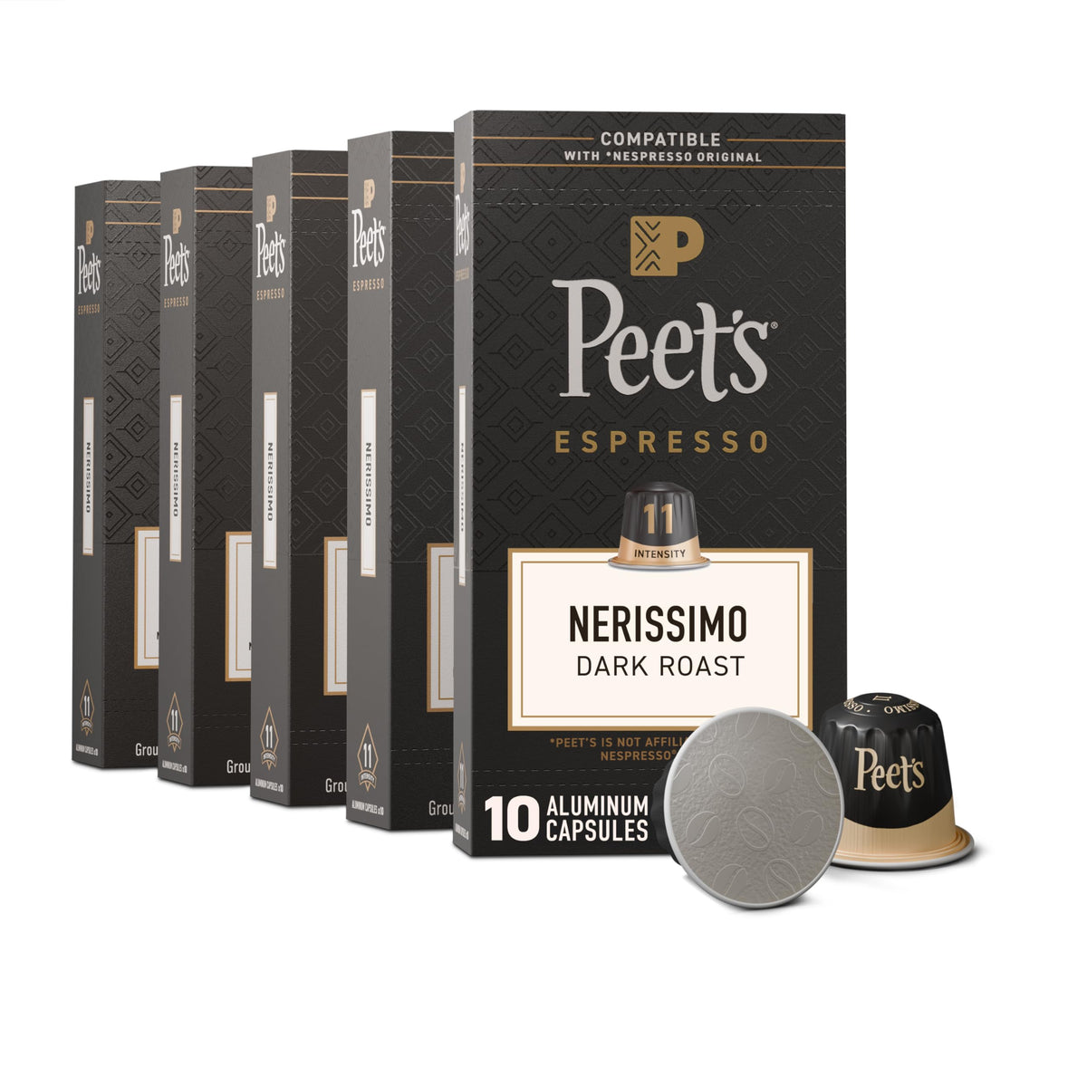 Peet's Coffee, Dark Roast Espresso Capsules, Compatible with Nespresso Original Machine, 100% Arabica Coffee - Nerissimo Intensity 11, 50 Count (5 Boxes of 10 Espresso Capsules)