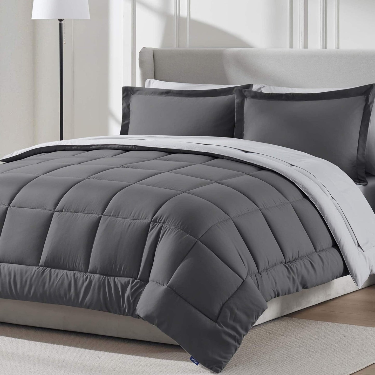 Nestl 9 Piece Queen Comforter Set – Dark Grey Reversible Bed in a Bag – Complete Queen Size Bedding Set with Sheets, Set of 2 Down Alternative Pillows, Pillowcases and Shams