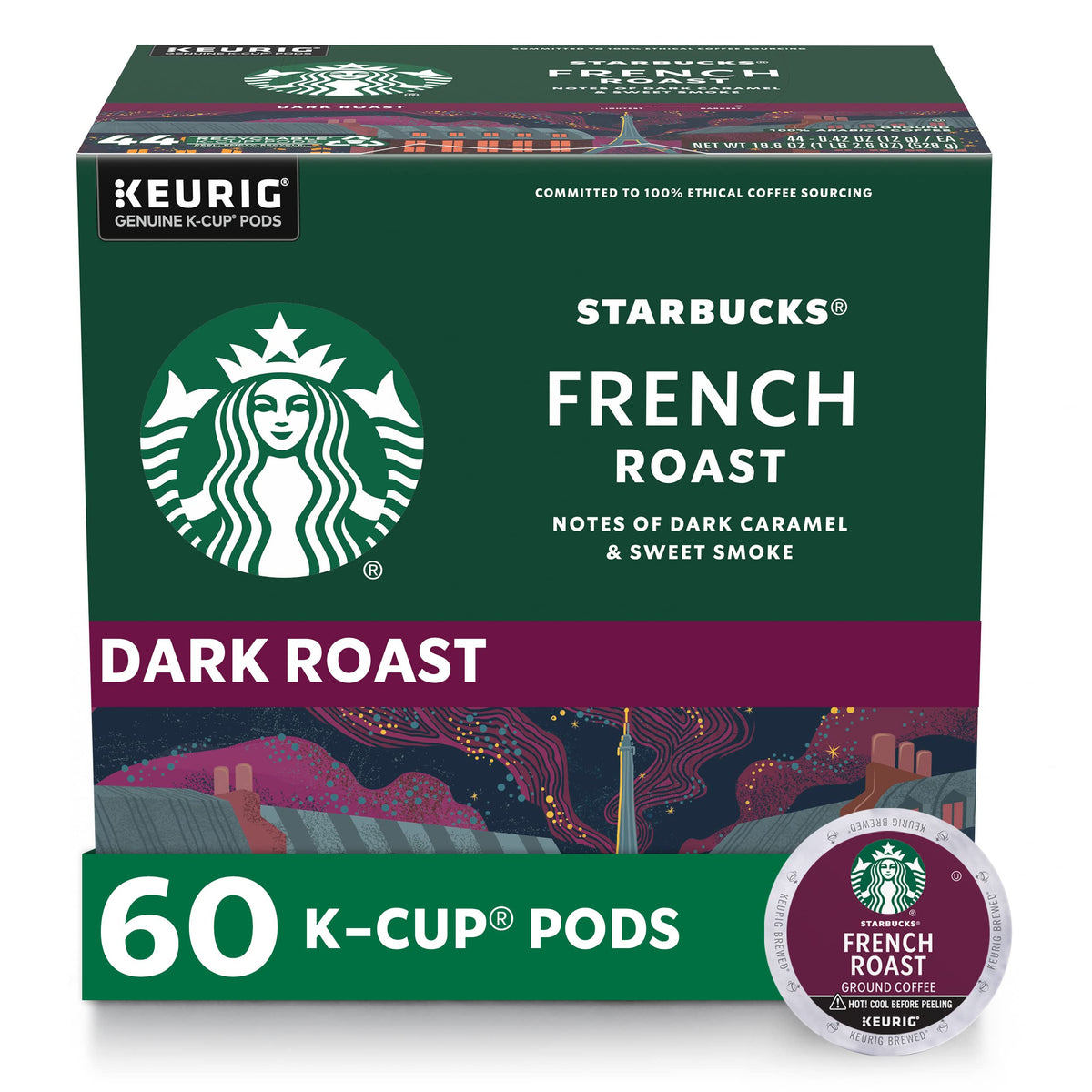 Starbucks K-Cup Coffee Pods, Dark Roast Hot or Iced Coffee, French Roast, 60 Keurig Pods