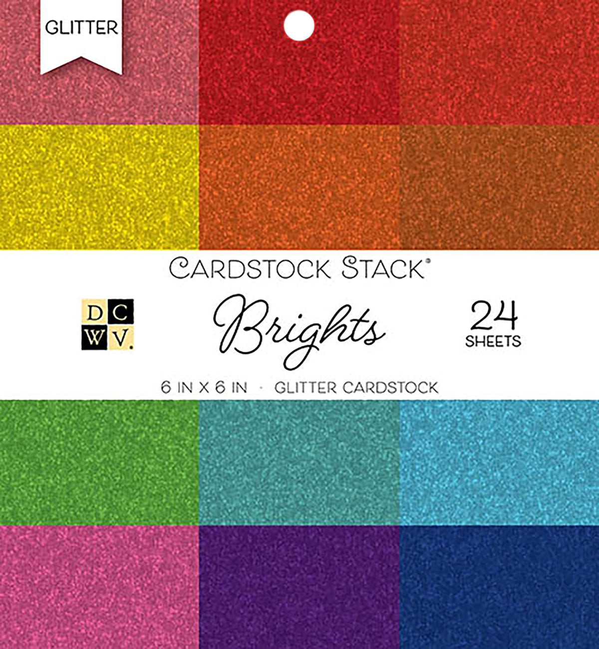 American Crafts DCWV Single-Sided Cardstock Stack 6"X6" 24/Pkg-Brights Glitter Solid, 12 Colors/2 Each