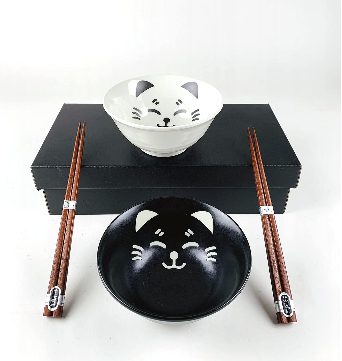 JapanBargainv 4693, Set of 2 Japanese Porcelain Bowls and Chopsticks Set, Rice Bowls and Soup Bowls, Gift Boxed, Made in Japan Black/White Cat