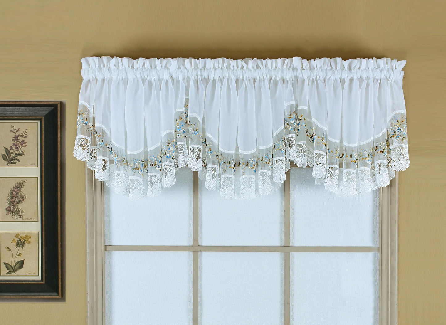 Today's Curtain, Vintage Macramé Organza Crescent 18", White/Blue, 58" W x 18" L