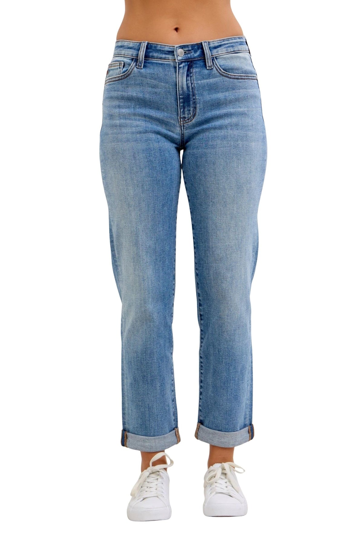 Judy Blue Women's Mid Rise Clean Cuffed Comfort Stretch Boyfriend Jeans (Medium Blue, 18W)