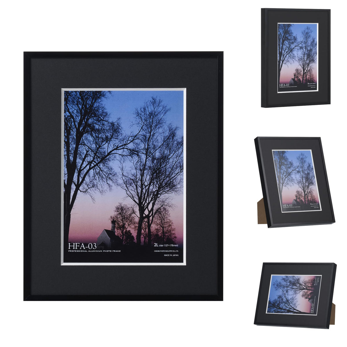 Hakuba HFA-03BK-2L 4977187492156 Aluminum Frame, 2L Size, Black, Made in Japan, V-Cut Mat, Hanging Strap, Stand, Glass Plate