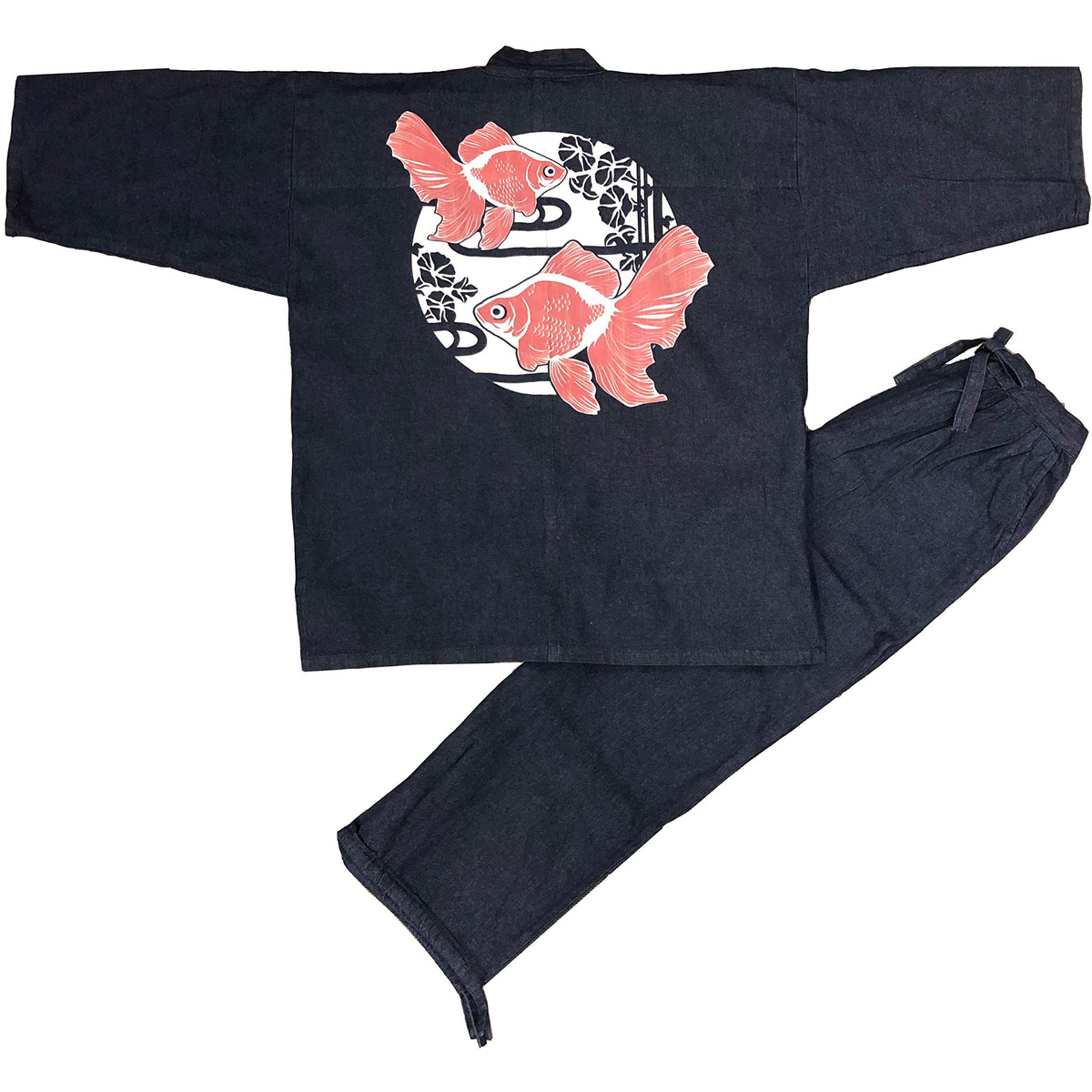 Edoten Men's Japan Denim Samue Pattern printed M.Navy Goldfish and Morning glory 108.