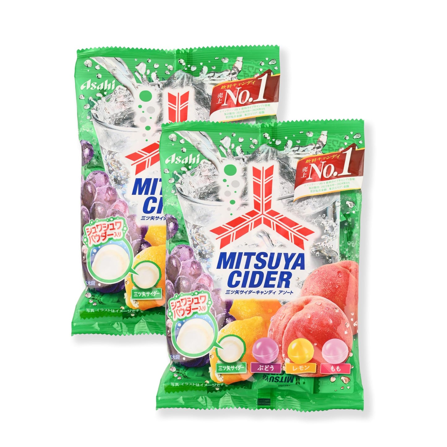 Asa-hi Mit-suya Cider Japanese Flavor Hard Candy 112g x 2 Pack - Assorted Cider, Grape, Lemon, Peach Candies - Individually Wrapped - Enjoy Fizzy Mitsuya Flavor - Hard Candy Assortment