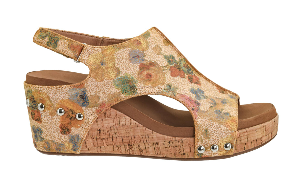 Corkys Footwear Women's Carley Wedge Camel Washed Flower Size 10 With Adjustable Straps 2.5 Inch Wedge