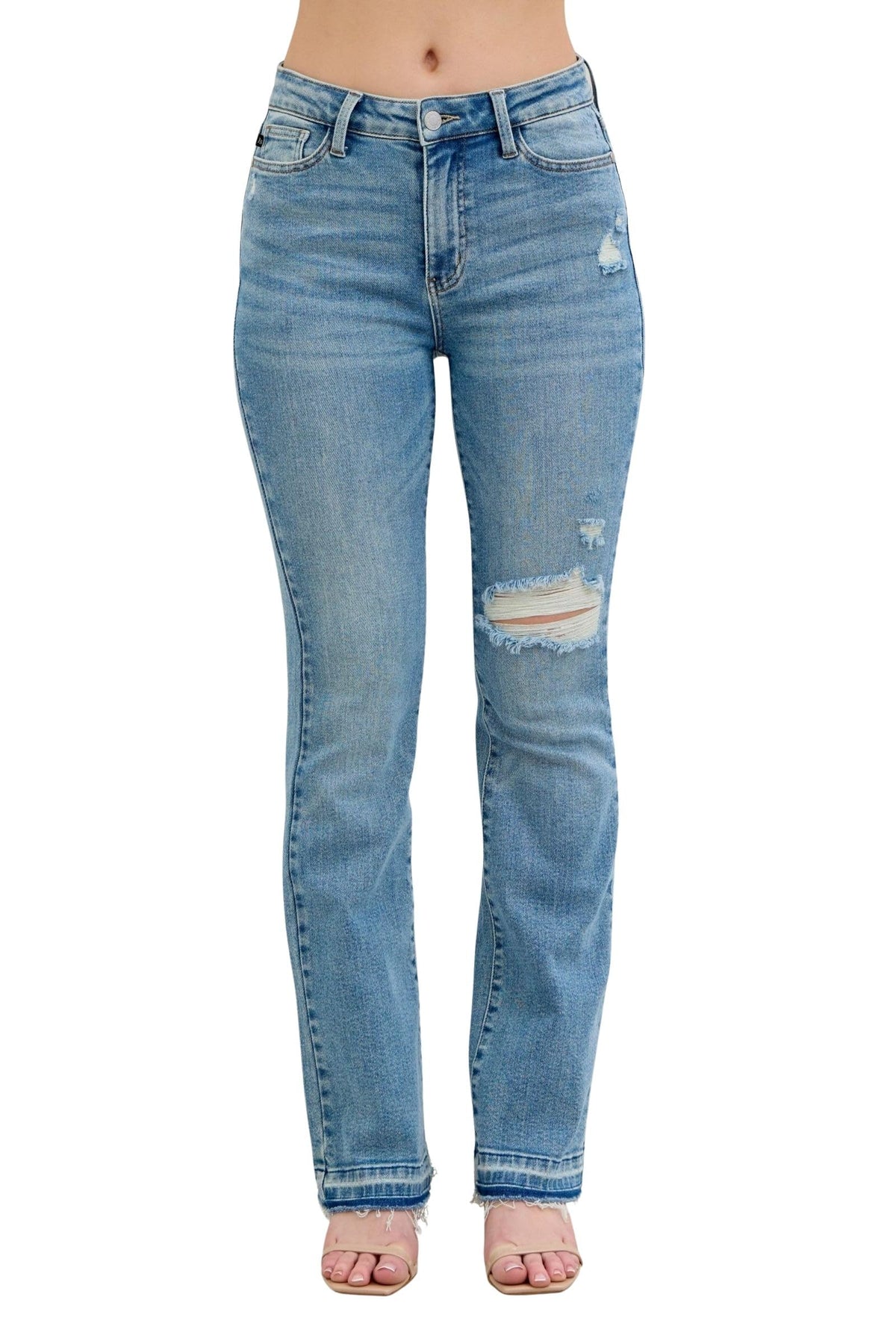 Judy Blue Women's Mid-Rise Distressed and Released Hem Bootcut Jeans (Medium Blue, 15)