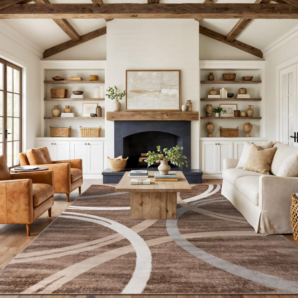 Rugshop Wavy Circles Modern Fade-Resistant Area Rug Brown 8'8" x 12'