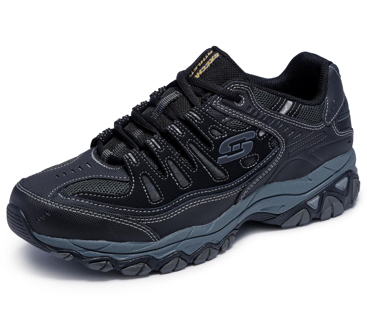 Skechers Men's Afterburn M. Fit Fashion Sneakers – Leather Upper, Memory Foam Insole, Rubber Outsole, Black/Charcoal, 10.5 X-Wide