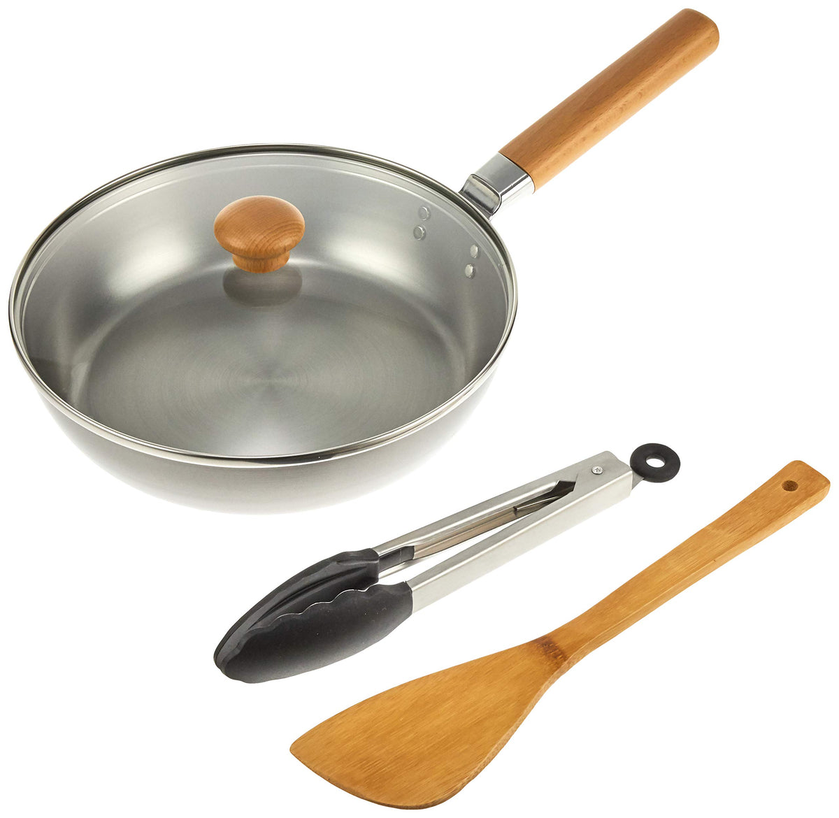 Wahei Freiz Tsubamesanjo CS-038 Iron Frying Pan, 9.4 inches (24 cm), Induction Compatible, Gas, Lid Included, Wooden Handle with Turner, Tongs, Made in Japan, Chitose