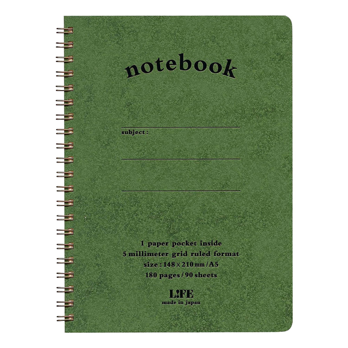 ライフ Life N190B Notebook with Pocket, Grid, Green, A5