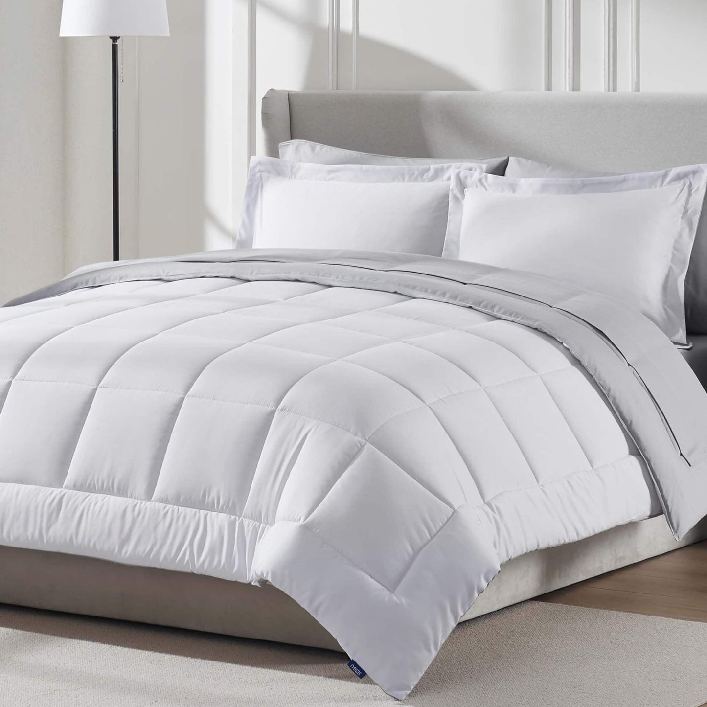 Nestl 9 Piece Queen Comforter Set – White Reversible Bed in a Bag – Complete Queen Size Bedding Set with Sheets, Set of 2 Down Alternative Pillows, Pillowcases and Shams