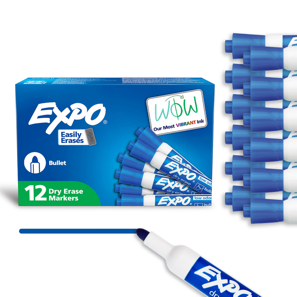 EXPO Dry Erase Markers, Low Odor Ink, Blue, Bullet Tip, 12 Count - Whiteboard, Calendar, Organization, Essential Supplies for Office, School, Classroom, Teachers