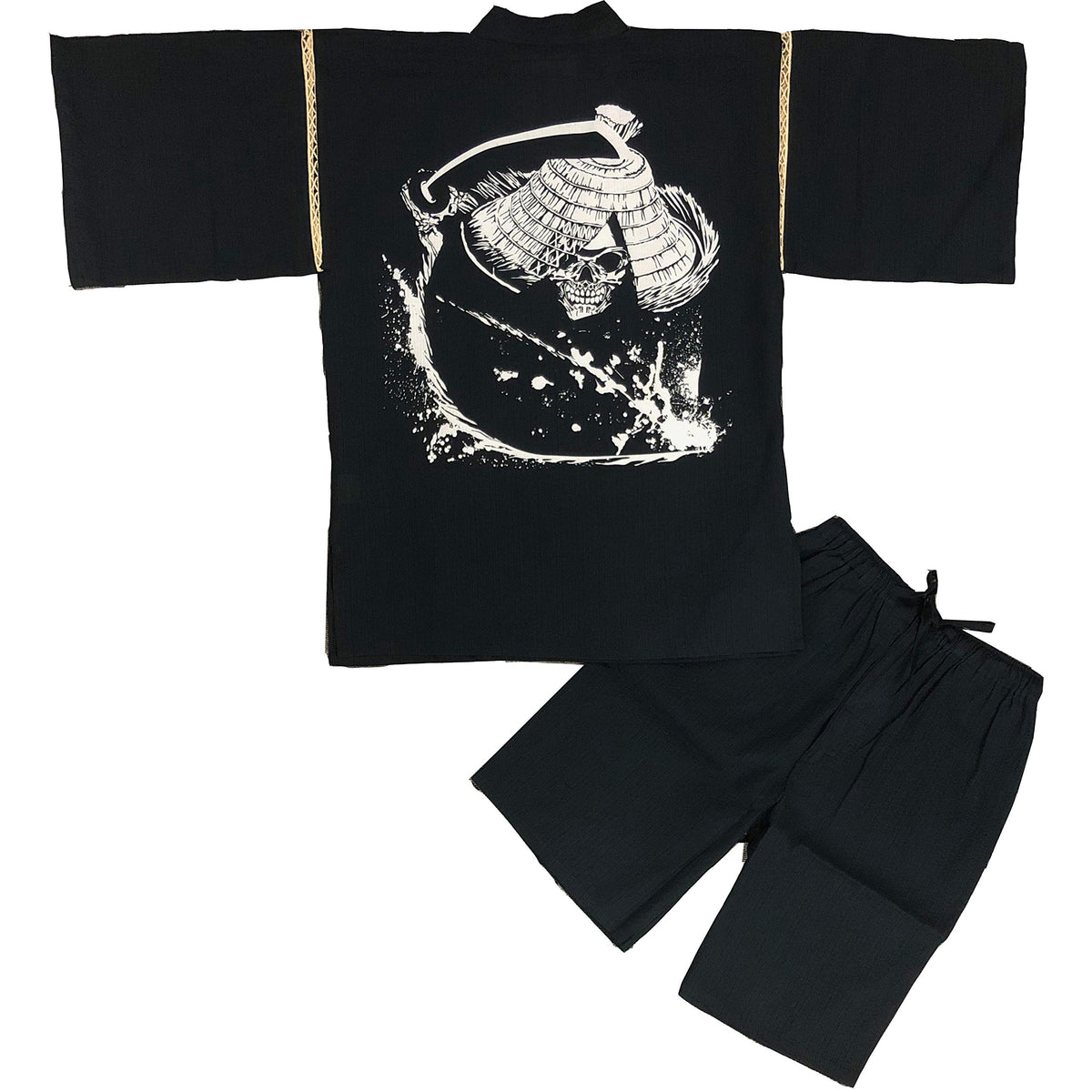 Edoten Japan 100% Cotton Jimbei Original Printing White Samurai Skull Navy L