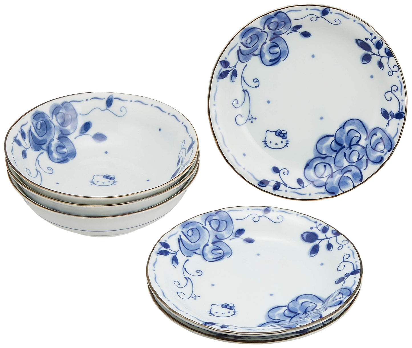 Sanrio 307743 Hello Kitty Blue Rose (Dyed), 3 Porcelain Dish Bowls, 6-Piece Set (Comes in a Presentation Box)