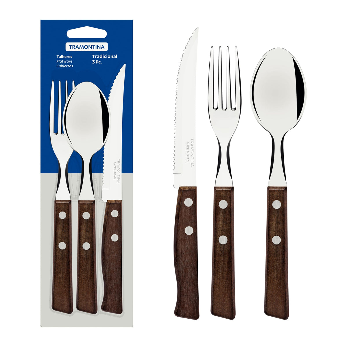 Tramontina Traditional Heavy Duty Natural Wood Handle Steak Knives 8.3" & Table Fork 7.5" & Tablespoon 7.5" Set of 3 3 Heat Treated Knives Lightweight Made in Brazil 22299/001 TRAMONTINA