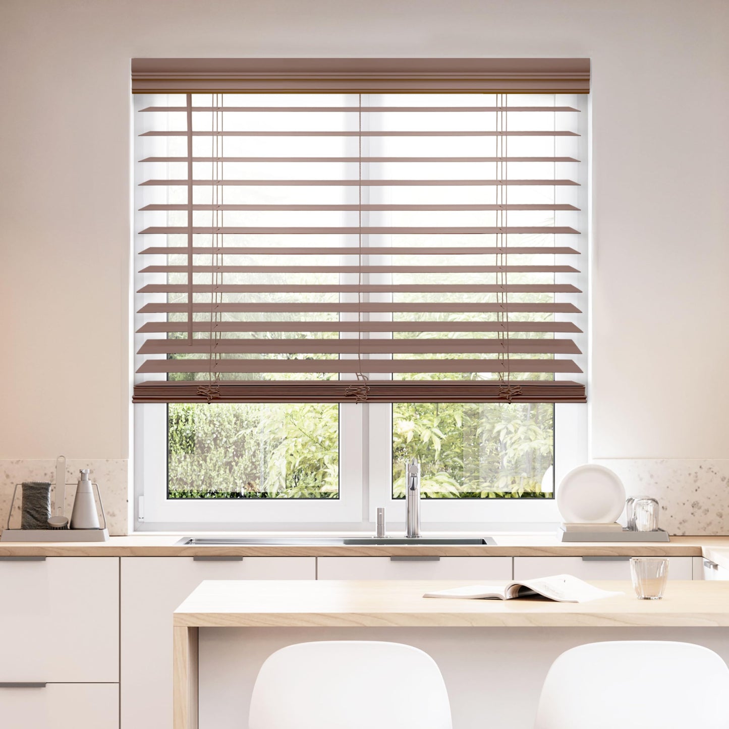 DEZ FURNISHINGS Cordless 2" Faux Wood Blind, 51.5" W x 72" H, Dark Oak