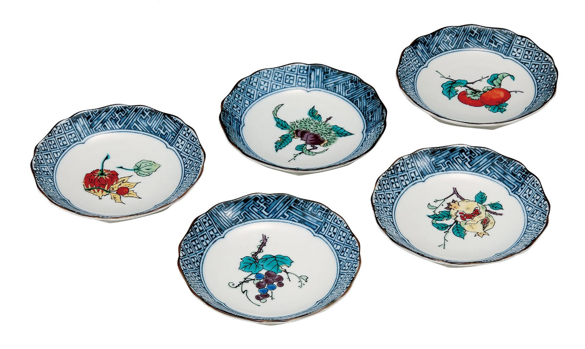 マルヨネ Maruyone K4-43 Kutani Ware No. 4.3 Plate, Change Fruit Picture, Set of 5