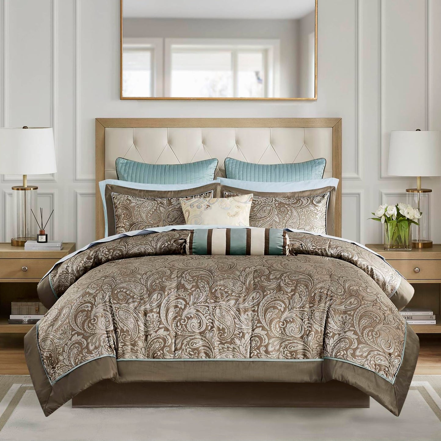 Madison Park Jacquard Queen Comforter Set with Cotton Sheets, Brown,12pc