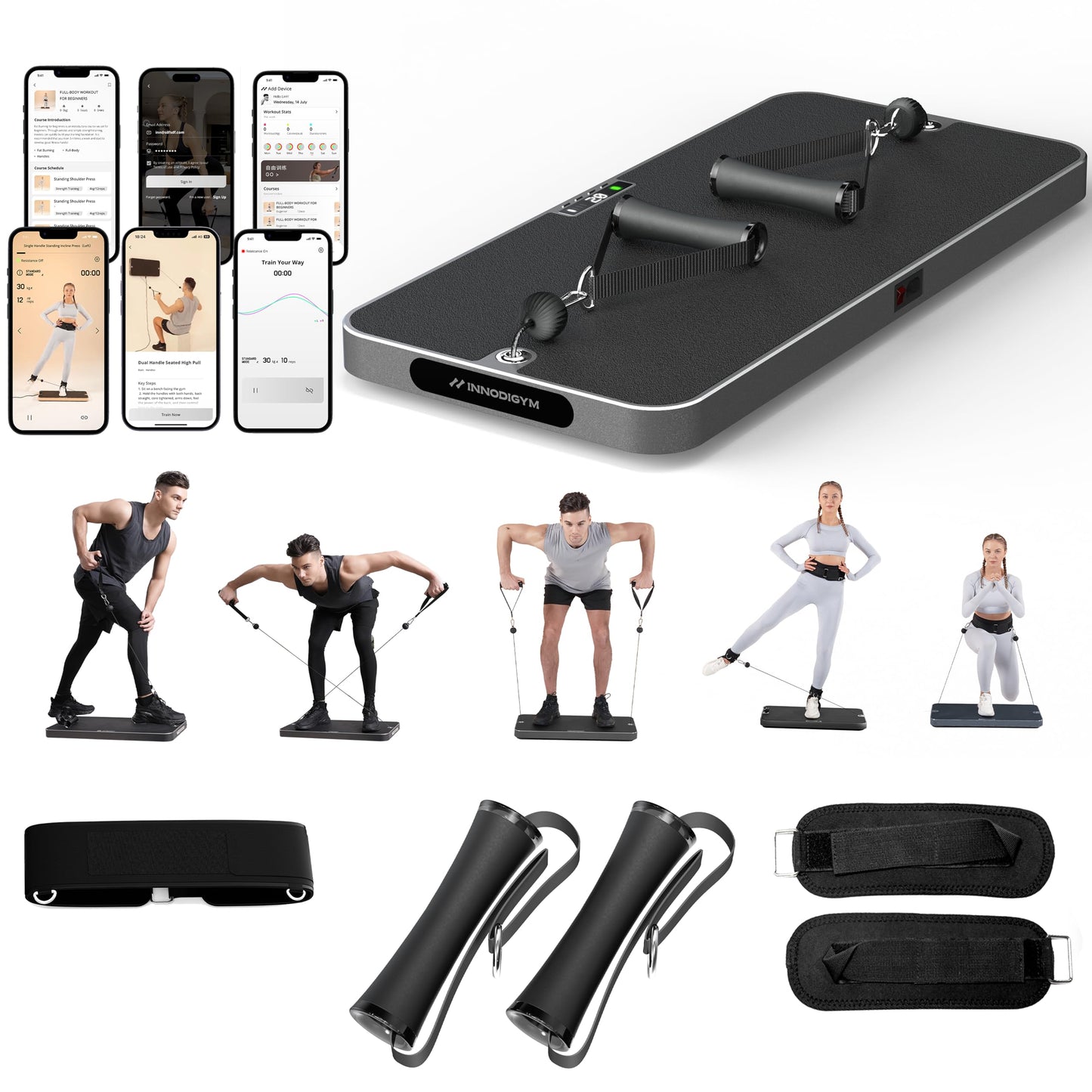 INNODIGYM P1 Lite Ultra-Thin Smart Home Gym, 133 lbs Adjustable Digital Dumbbells, Total Body Strength Training, 4 Modes Cable Weight Machine , Smart Fitness Trainer Equipment with Free APP