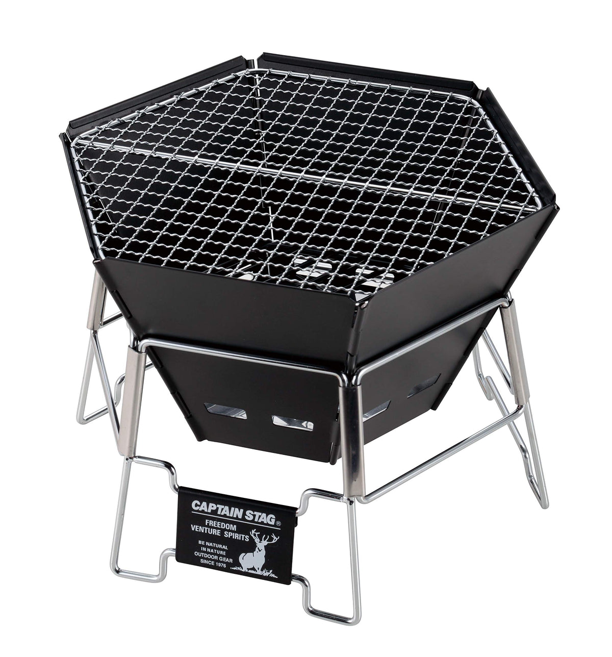 Captain Stag UG-70 Barbecue Stove, Bonfire Stand, Dutch Oven, 3-in-1, Hexa Stainless Steel Fire Grill with Bag, Size M, CS Black Label