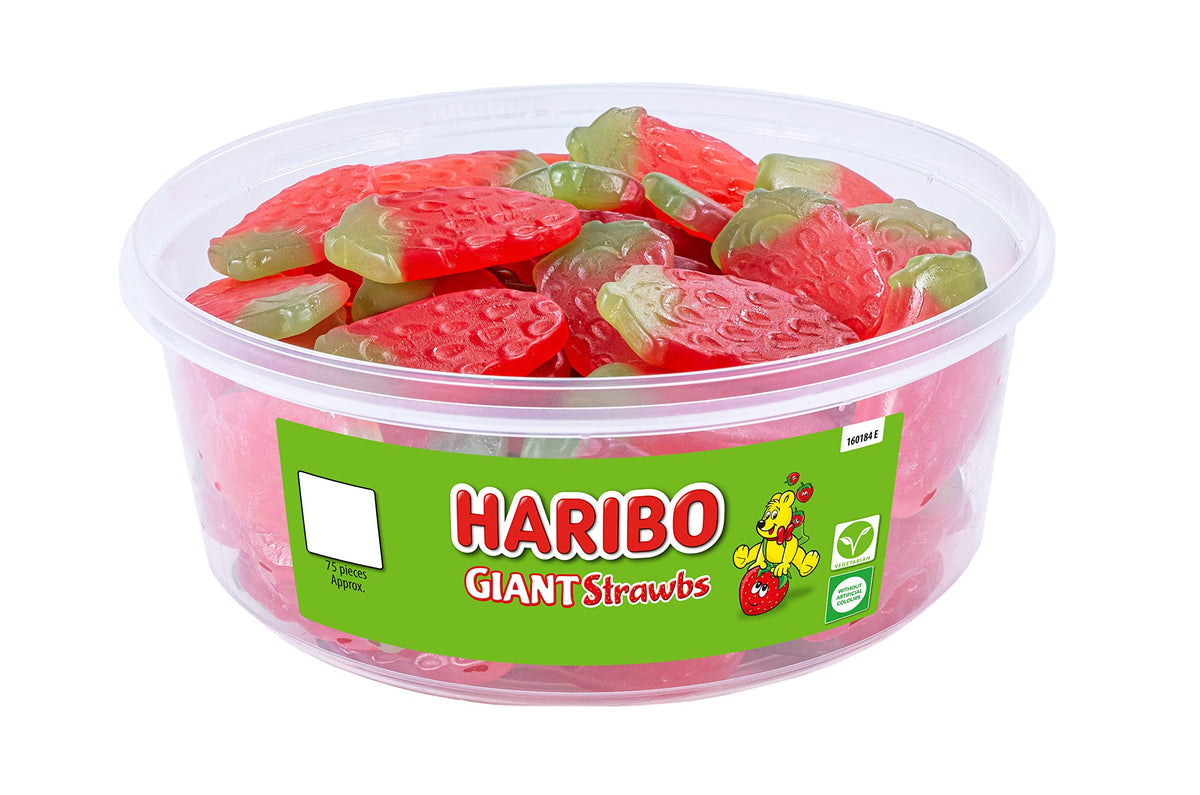 HARIBO Giant Strawbs – 75 Pieces of Fruity Gummy Strawberries – Sweets Tub