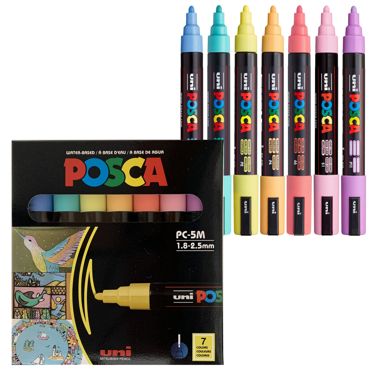 uni Posca 5M Medium Pastel Markers with Reversible Tips, Set of 7, Kids Art Supplies For Gifts, Decorations, Fabric, Metal, Glass, Wood and Canvas