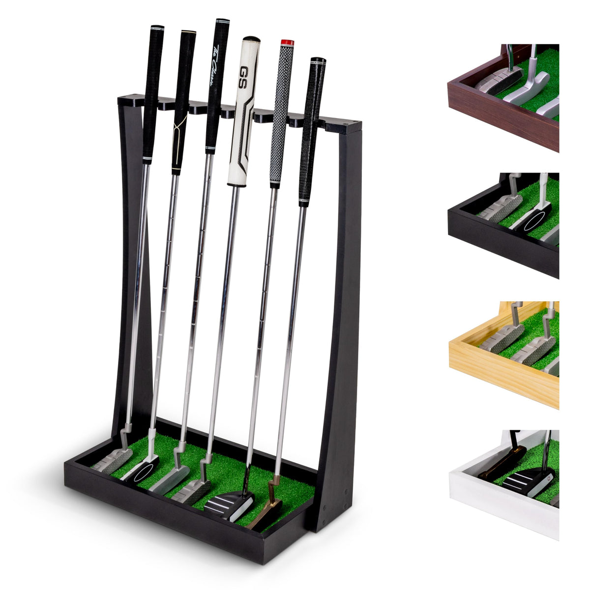 GoSports Premium Wooden Golf Putter Stand - Indoor Display Rack - Holds 6 Clubs - Black