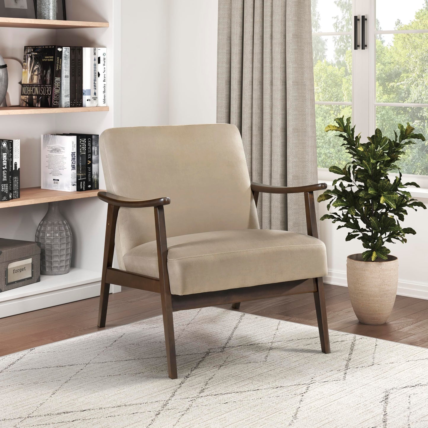 Lexicon Mid Century Modern Chair Velvet Accent Chair for Living Room Chair w/Solid Wood Armrests and Legs, Cushioned Seat and Backrest, Reading Chair and Lounge Chair for Bedrooms/Studios, Brown