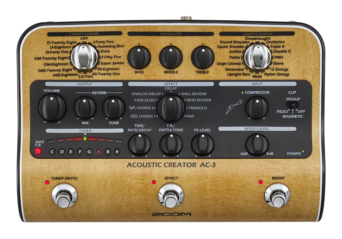Zoom AC-3 Acoustic Pedal, DI with Tone Restoration and Acoustic Modeling, 9 Effects, Compression, Tuner, Reverb, EQ, and Anti-Feedback