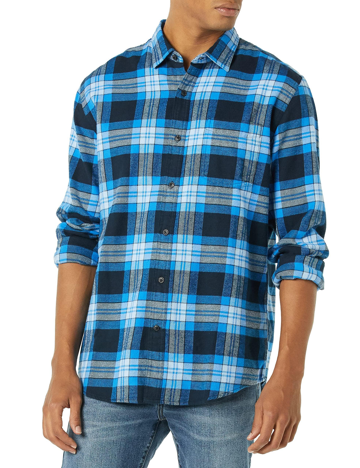 Amazon Essentials Men's Regular Fit Long-Sleeve Flannel Shirt, Soft Brushed Cotton, Lightweight yet Warm, Black Blue Grey Tartan Plaid, Large