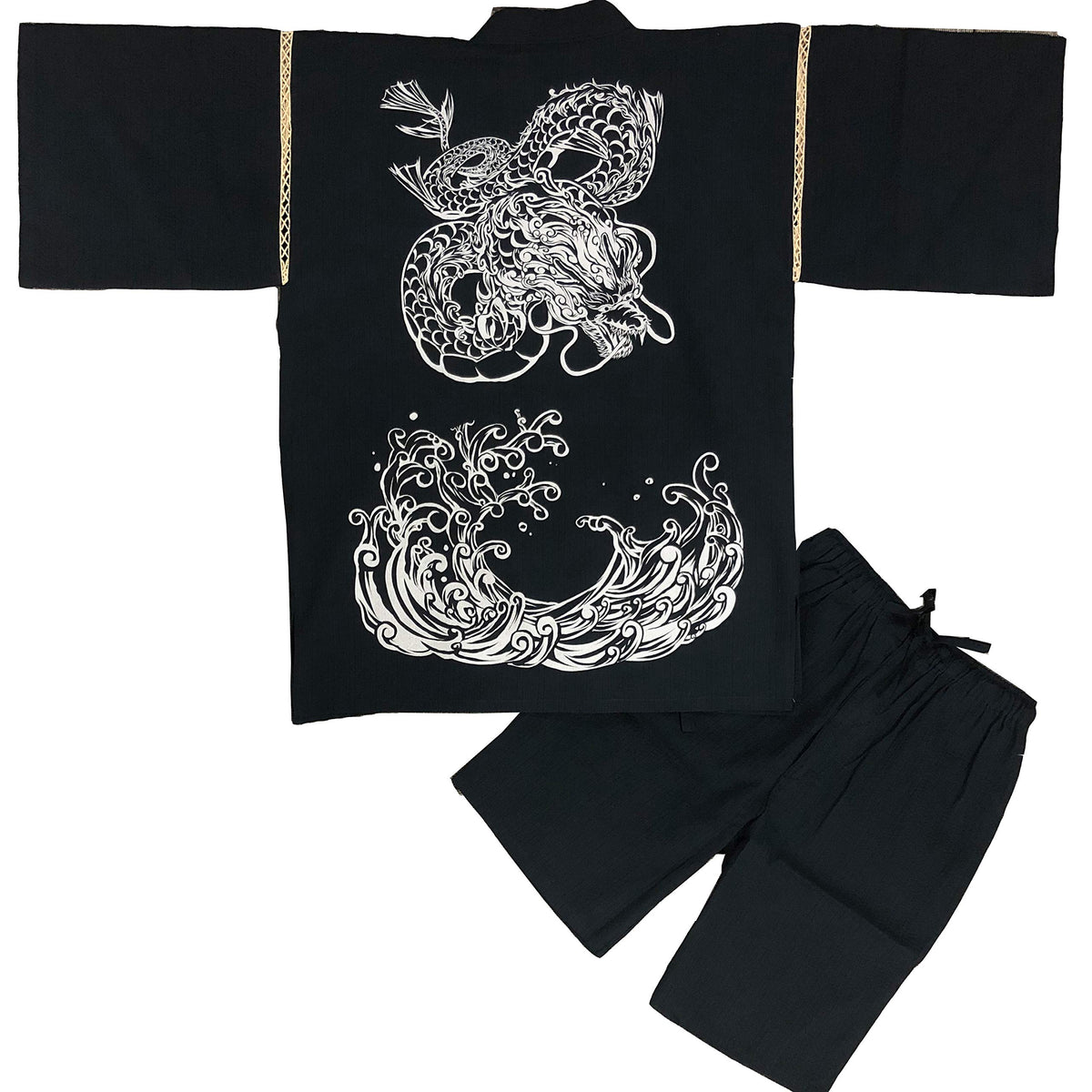 Edoten Japan 100% Cotton Jimbei Original Printing White Water Dragon Navy L
