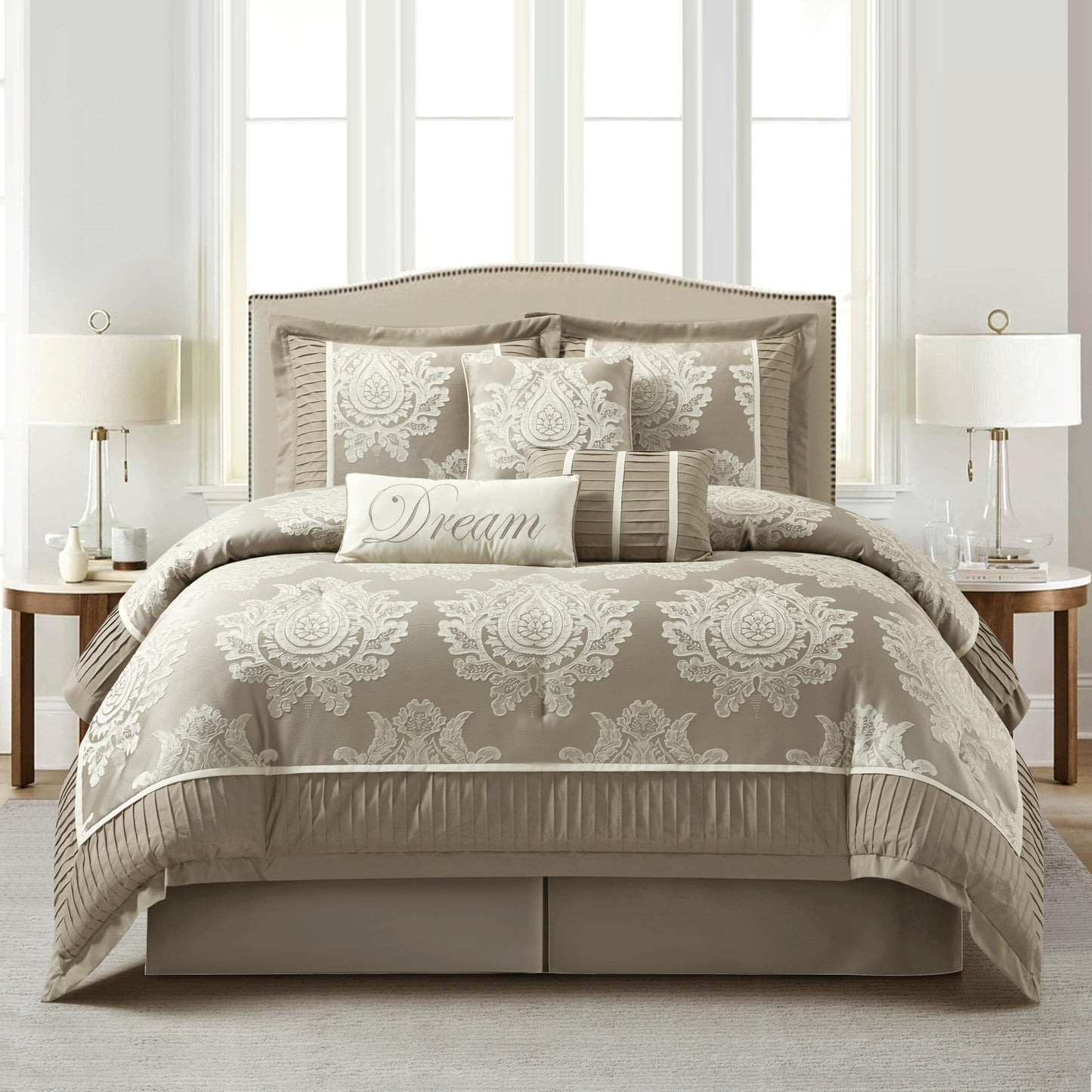 Stratford Park Beige Comforter Set King Size,7 Pieces Jacquard Bedding Set, All Season, Matching Bedskirt, Pillows & Shams