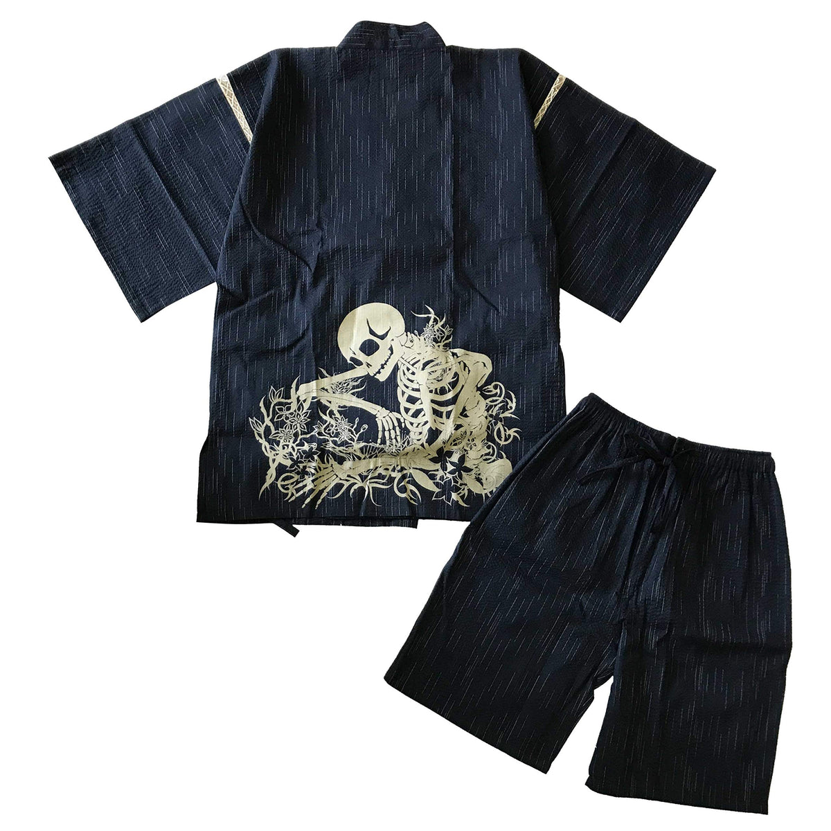 Edoten Original discharge style Cotton100% Kimono Jinbei 703 L. Black Flower Skull(waist place)